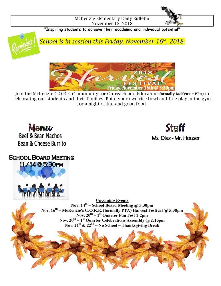 McKenzie Elementary Daily Bulletin November 13, 2018