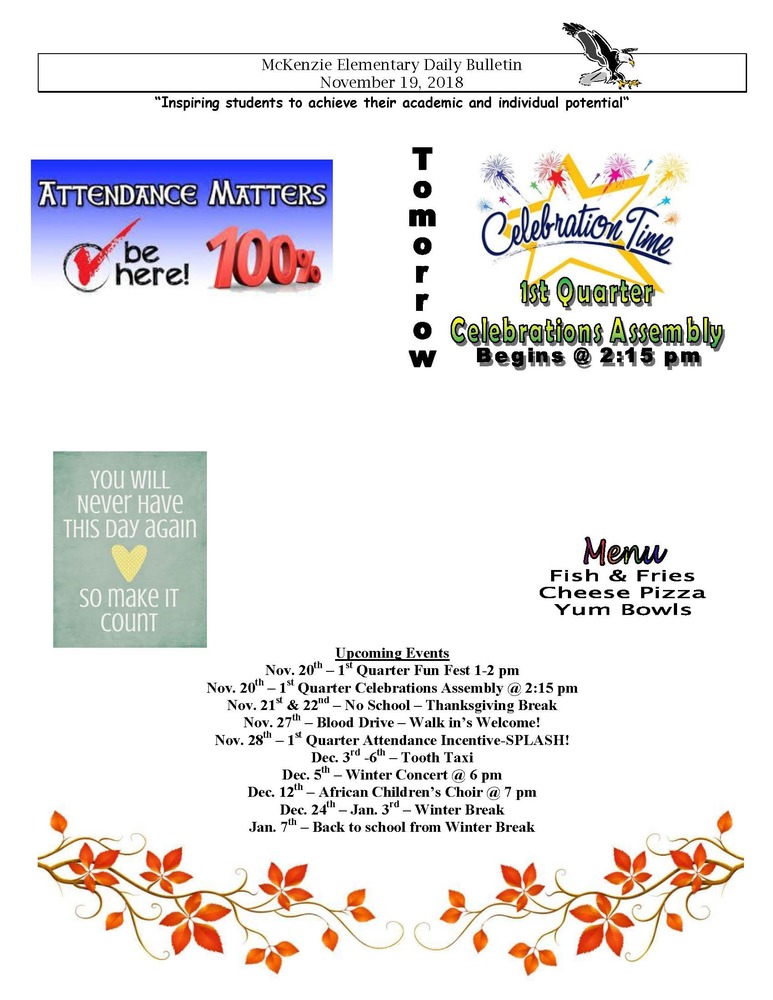 McKenzie Elementary Daily Bulletin November 19, 2018