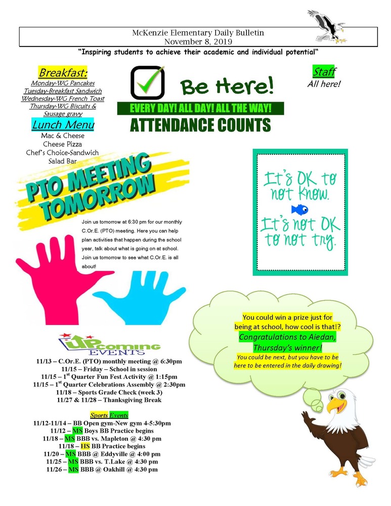 McKenzie Elementary Daily Bulletin November 8, 2019