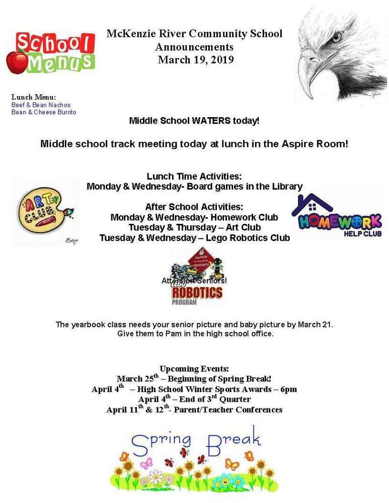 McKenzie River Community School Announcements March 19, 2019