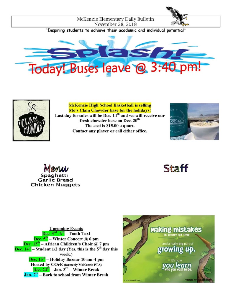 McKenzie Elementary Daily Bulletin November 28, 2018