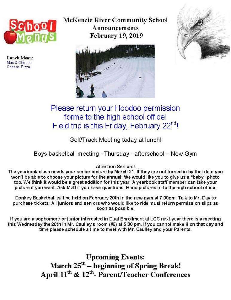 McKenzie River Community School Announcements February 19, 2019