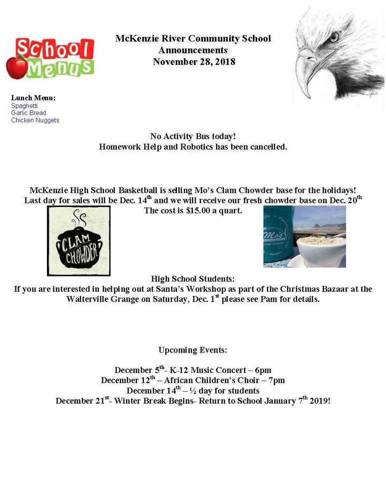 McKenzie River Community School Announcements November 28, 2018