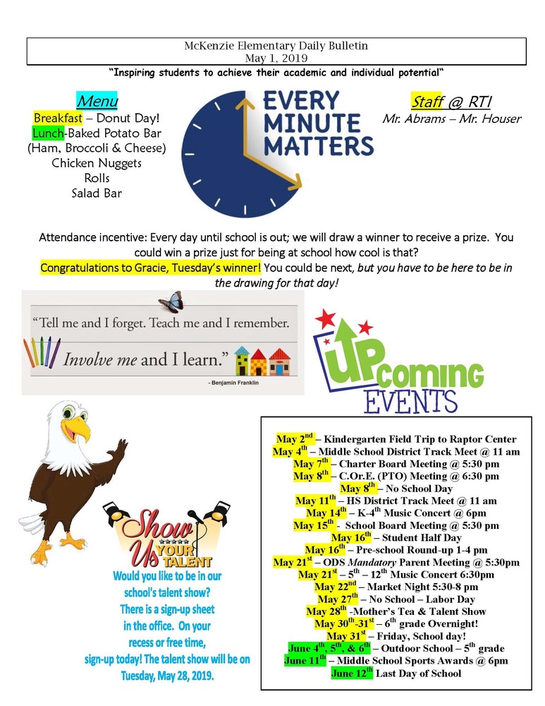 McKenzie Elementary Daily Bulletin May 1, 2019