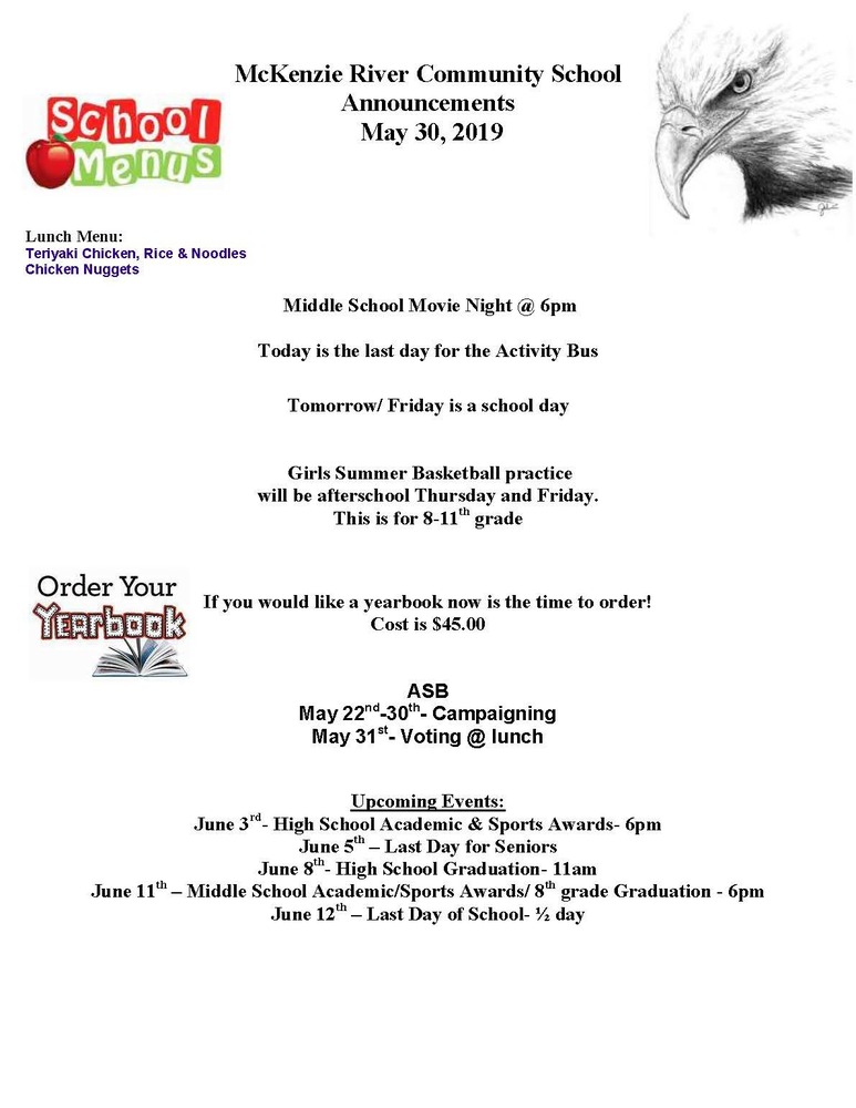 McKenzie River Community School Announcements May 30, 2019