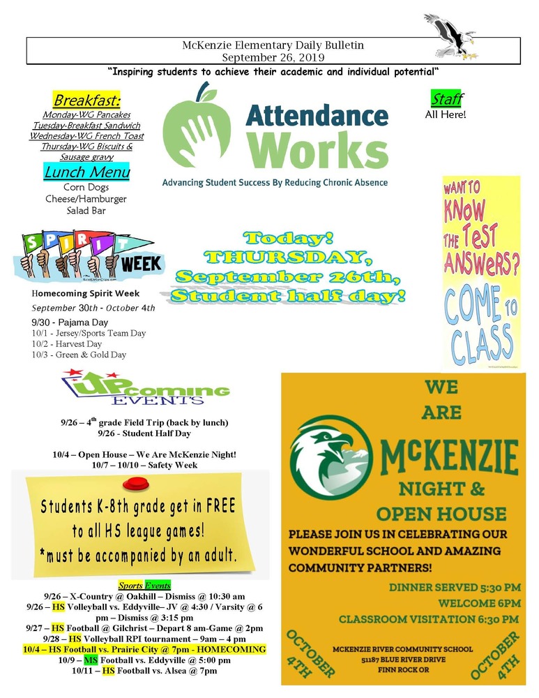McKenzie Elementary Daily Bulletin September 26, 2019