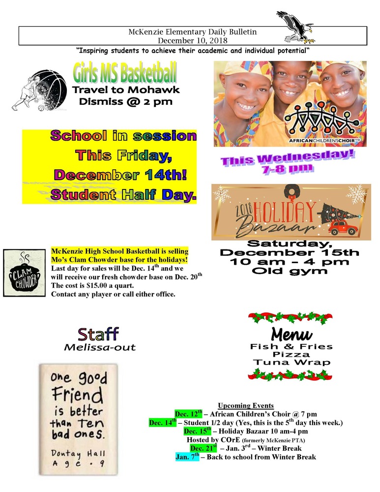 McKenzie Elementary Daily Bulletin December 10, 2018