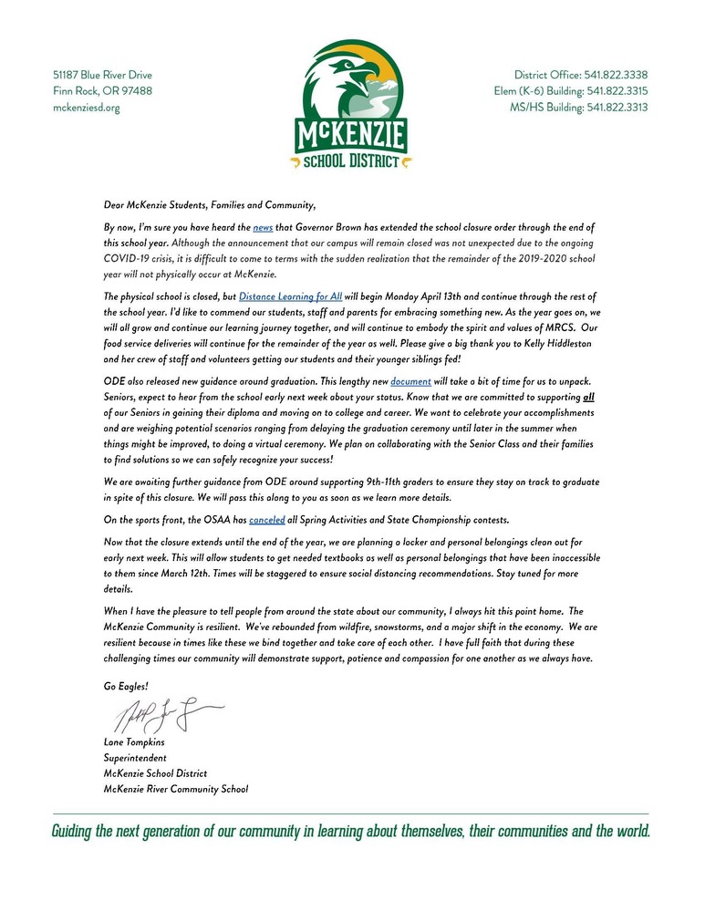 Letter from Superintendent Tompkins regarding school closure for the remainder of the school year.