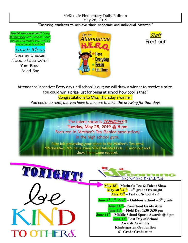 McKenzie Elementary Daily Bulletin May 28, 2019