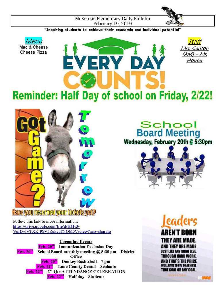 McKenzie Elementary Daily Bulletin February 19, 2019