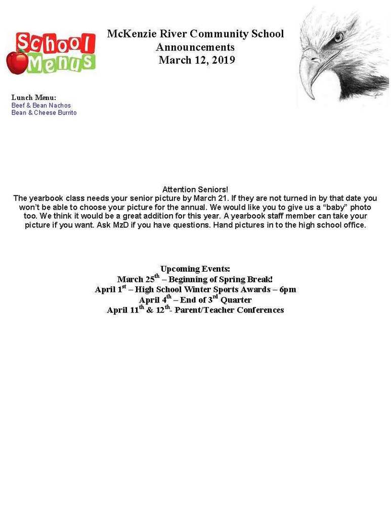 McKenzie River Community School Announcements March 12, 2019