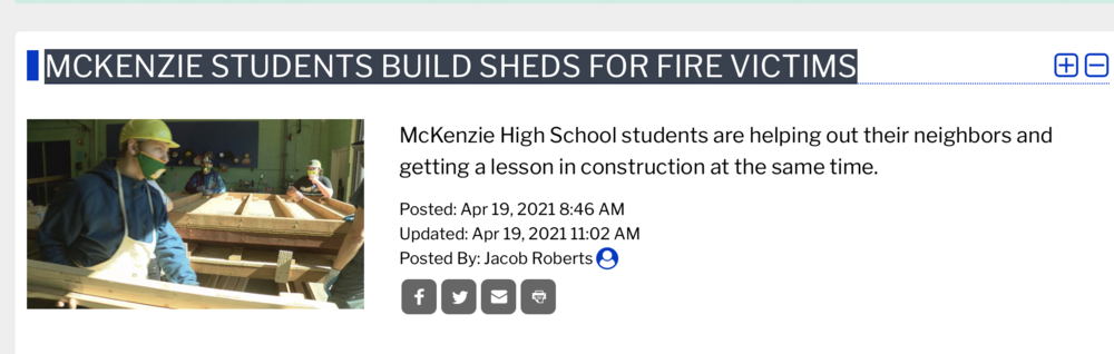 MCKENZIE STUDENTS BUILD SHEDS FOR FIRE VICTIMS