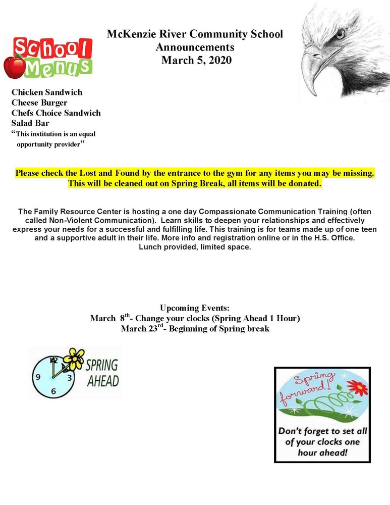 McKenzie River Community School Announcements March 5, 2020