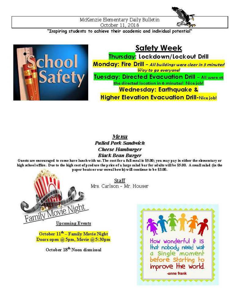 McKenzie Elementary Daily Bulletin October 11, 2018