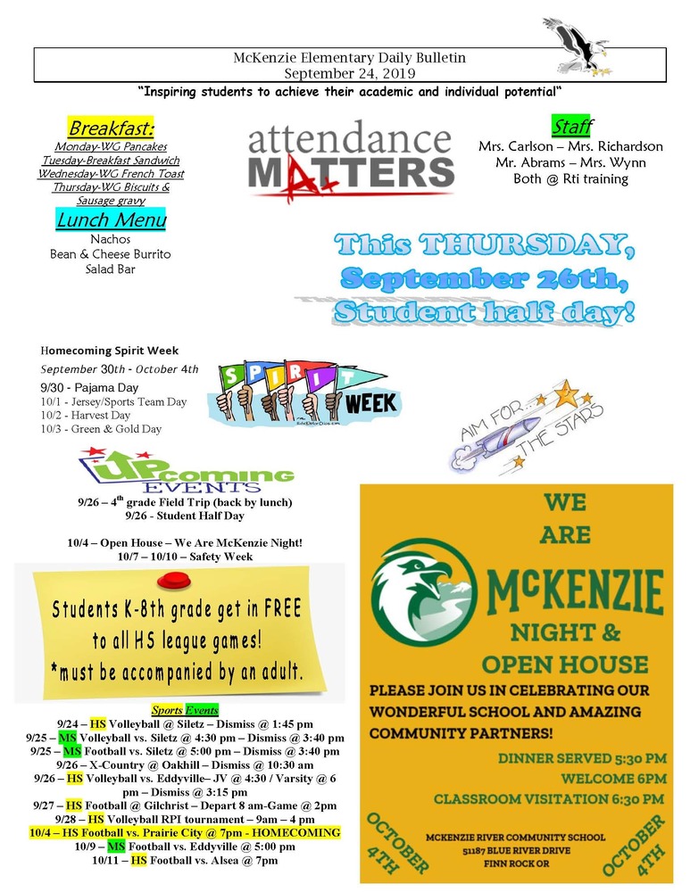 McKenzie Elementary Daily Bulletin September 24, 2019