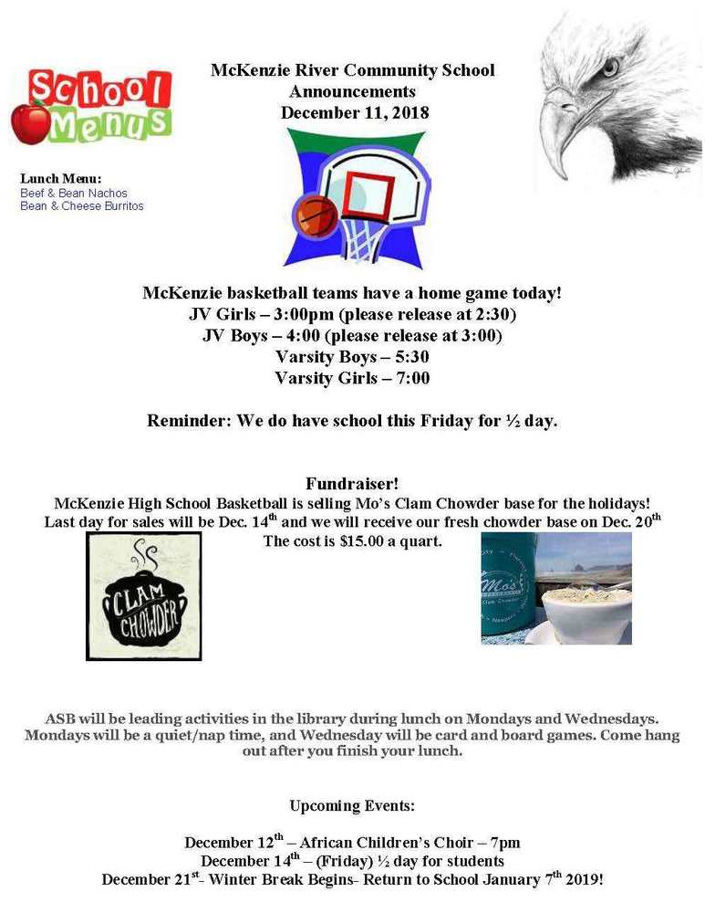 McKenzie River Community School Announcements December 11, 2018