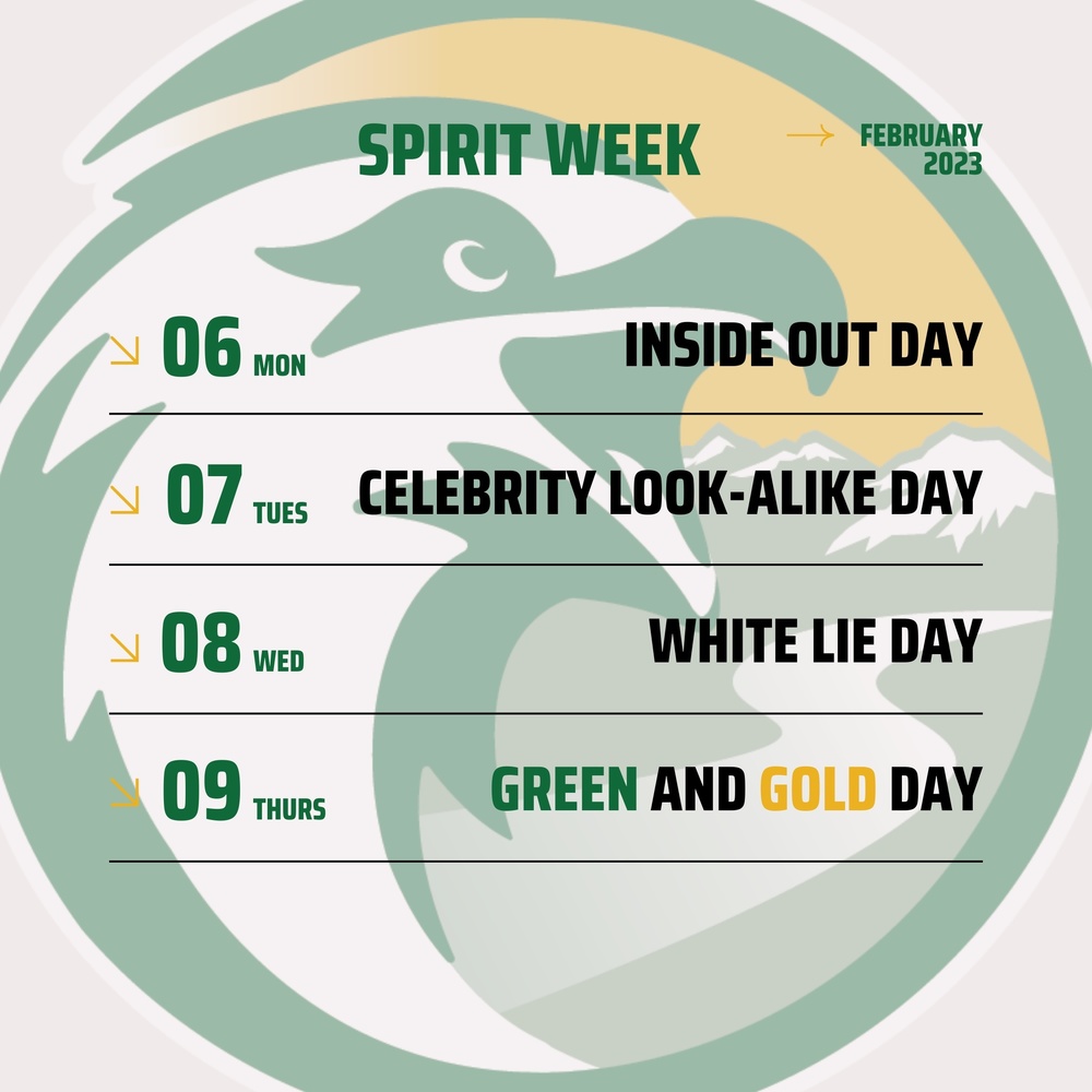 It’s Spirit Week, Eagles! Let’s celebrate the half-way mark of the school year! • Monday - Inside Out day • Tuesday - Celebrity Look-Alike day • Wednesday - White Lie day • Thursday - Green & Gold day