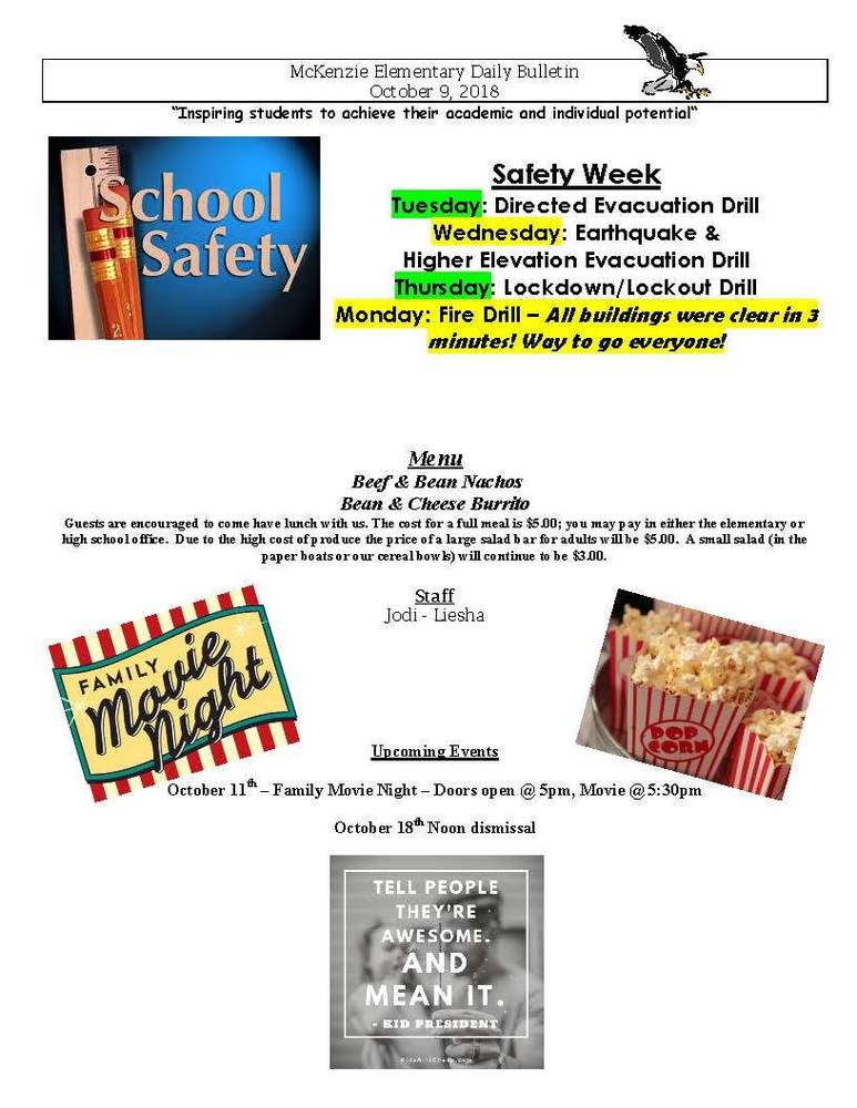 McKenzie Elementary Daily Bulletin October 9, 2018