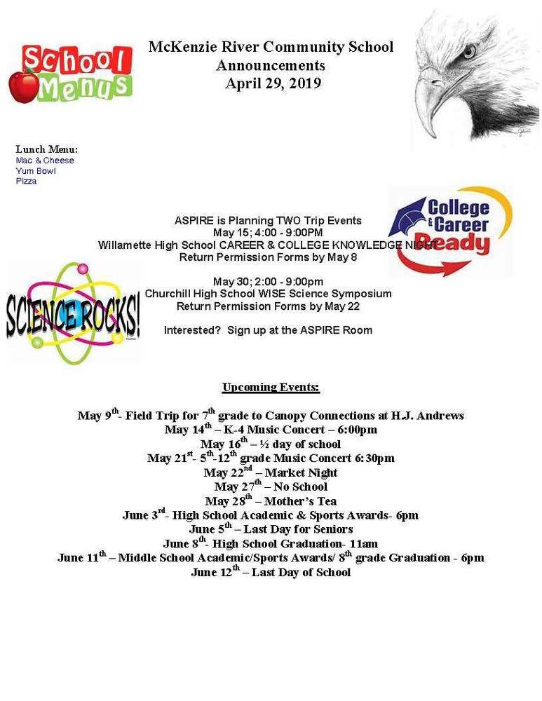 McKenzie River Community School Announcements April 29, 2019