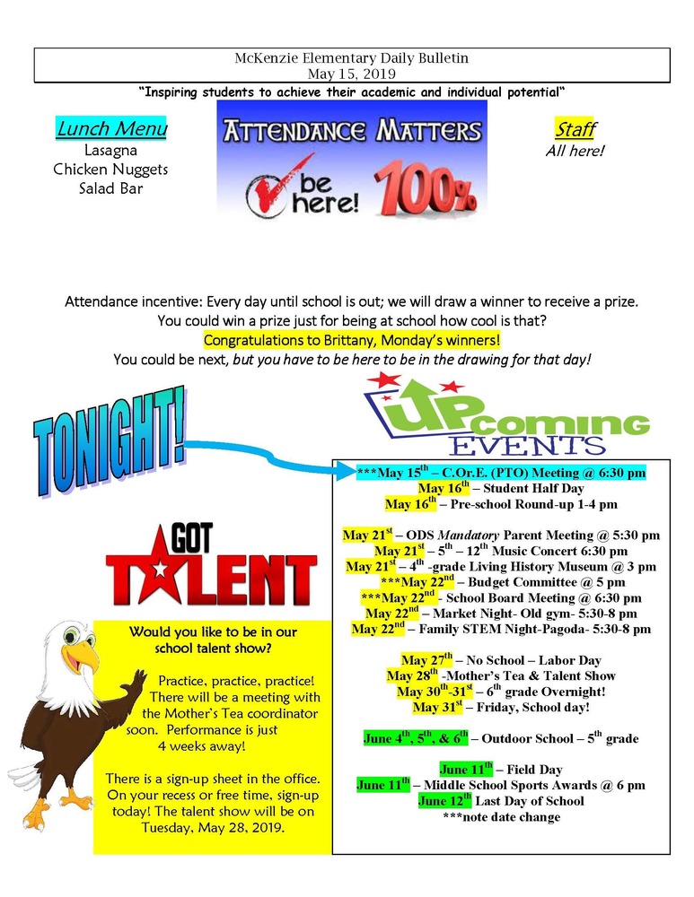 McKenzie Elementary Daily Bulletin May 15, 2019