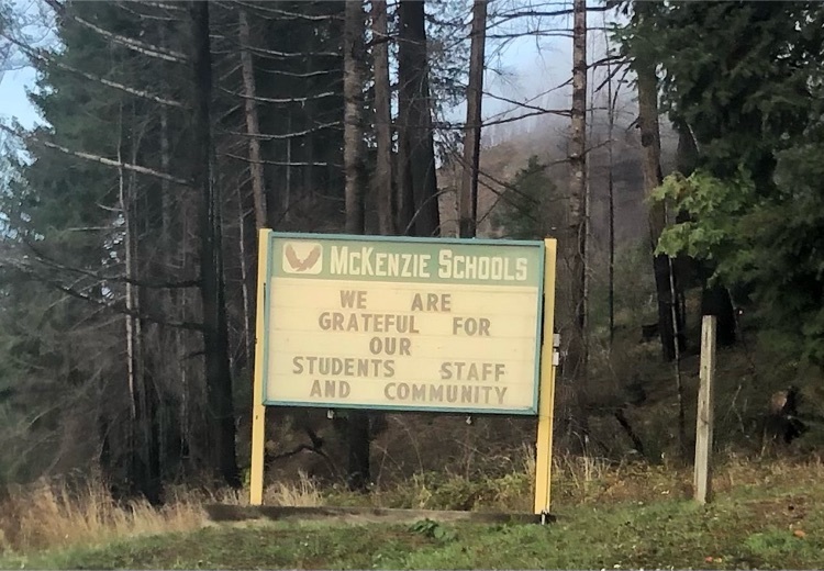 Picture of school reader board sign with the message “We are grateful for our students, staff and community"