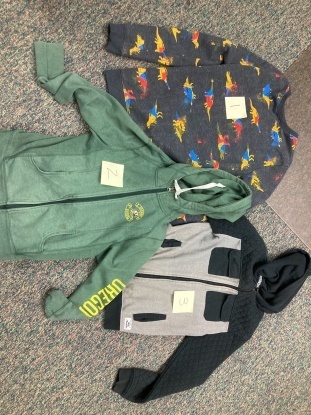 Lost and Found, three hoodies (green w/U of O logo, gray & black, dark gray w/dinosaurs).