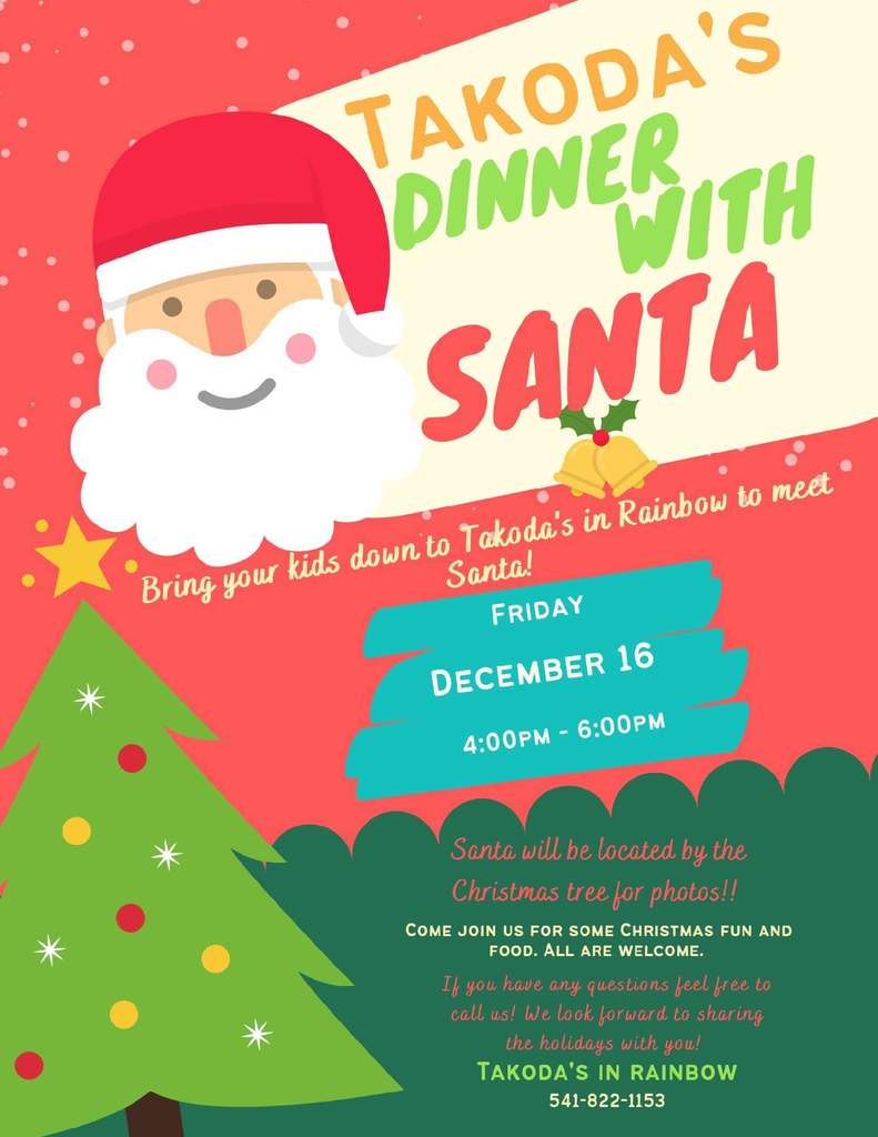 Community partner-Takoda's Restaurant, Santa 12/16/22 from 4-6pm