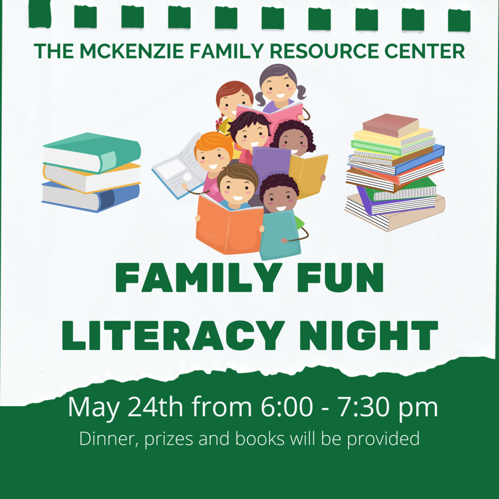 Get ready for the Family Resource Center's Family Fun Literacy Night! Join us on May 24th from 6:00 pm-7:30 for dinner, prizes, and books galore. This event is perfect for families with kiddos in grades K-3rd, so bring your little readers and let's have some fun! 📚🎉 
